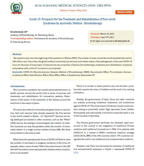 Covid-19: Prospects for the Treatment and Rehabilitation of Post-covid Syndrome by Ayurvedic Method - Hirudotherapy